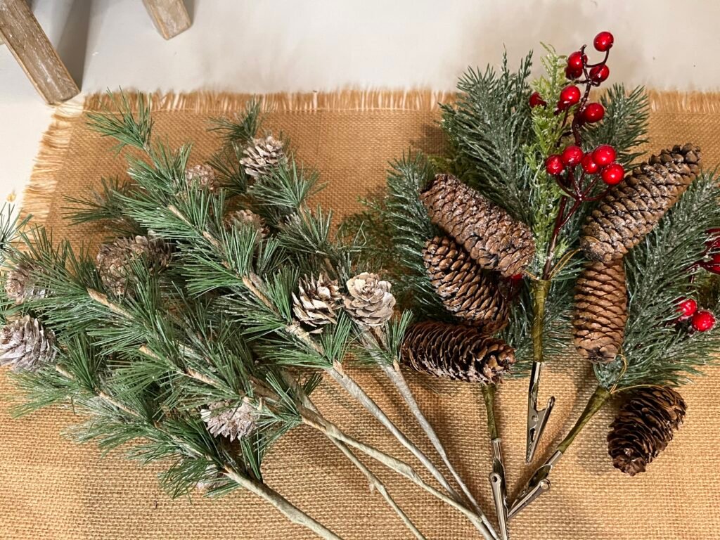 frosted greenery and pinecone pick ideas